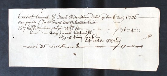 <p>Op 6 mei 1706 brengt Pieter Claes totaal f 76 - 4 st.  in rekening voor geleverd hout: 127 stuks halfduims wagenschot. Mogelijk betrof deze levering dakbeschot of vloerdelen. [HCO, Zwolle]</p>
